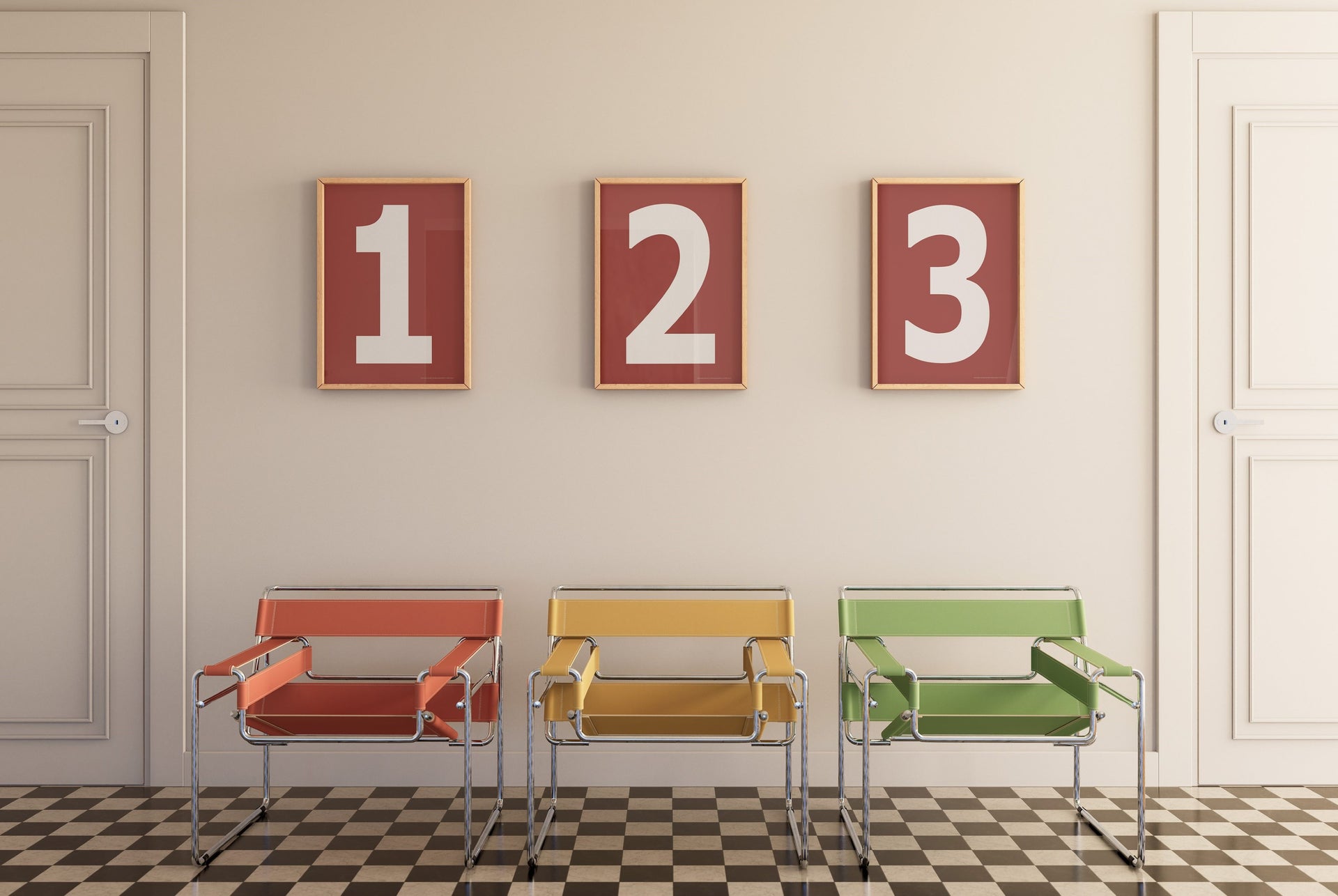 Three framed number art prints with the numbers 1, 2, and 3 hanging on wall above three modern colorful chairs.