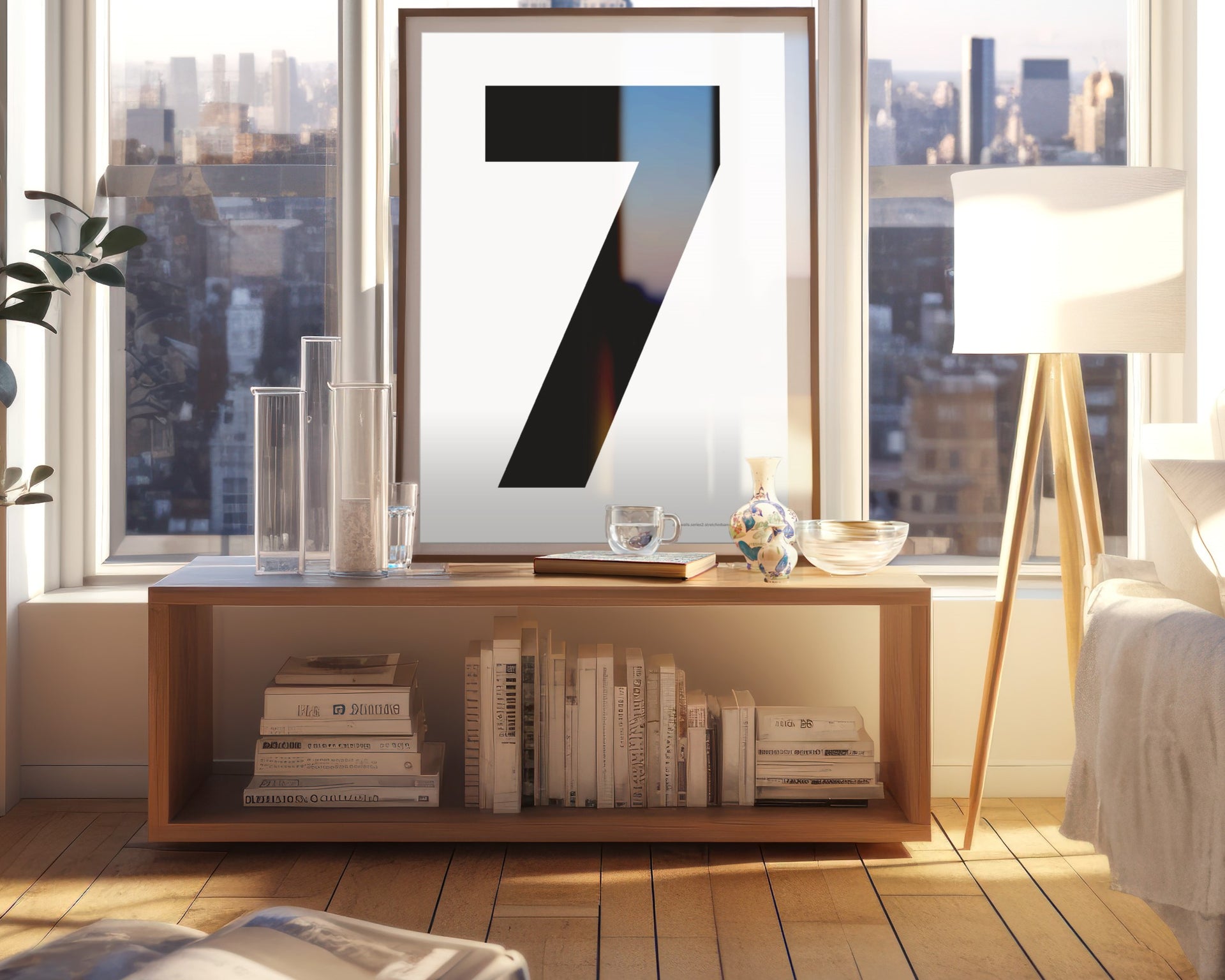 Framed white and black number art print in living room with a city view.