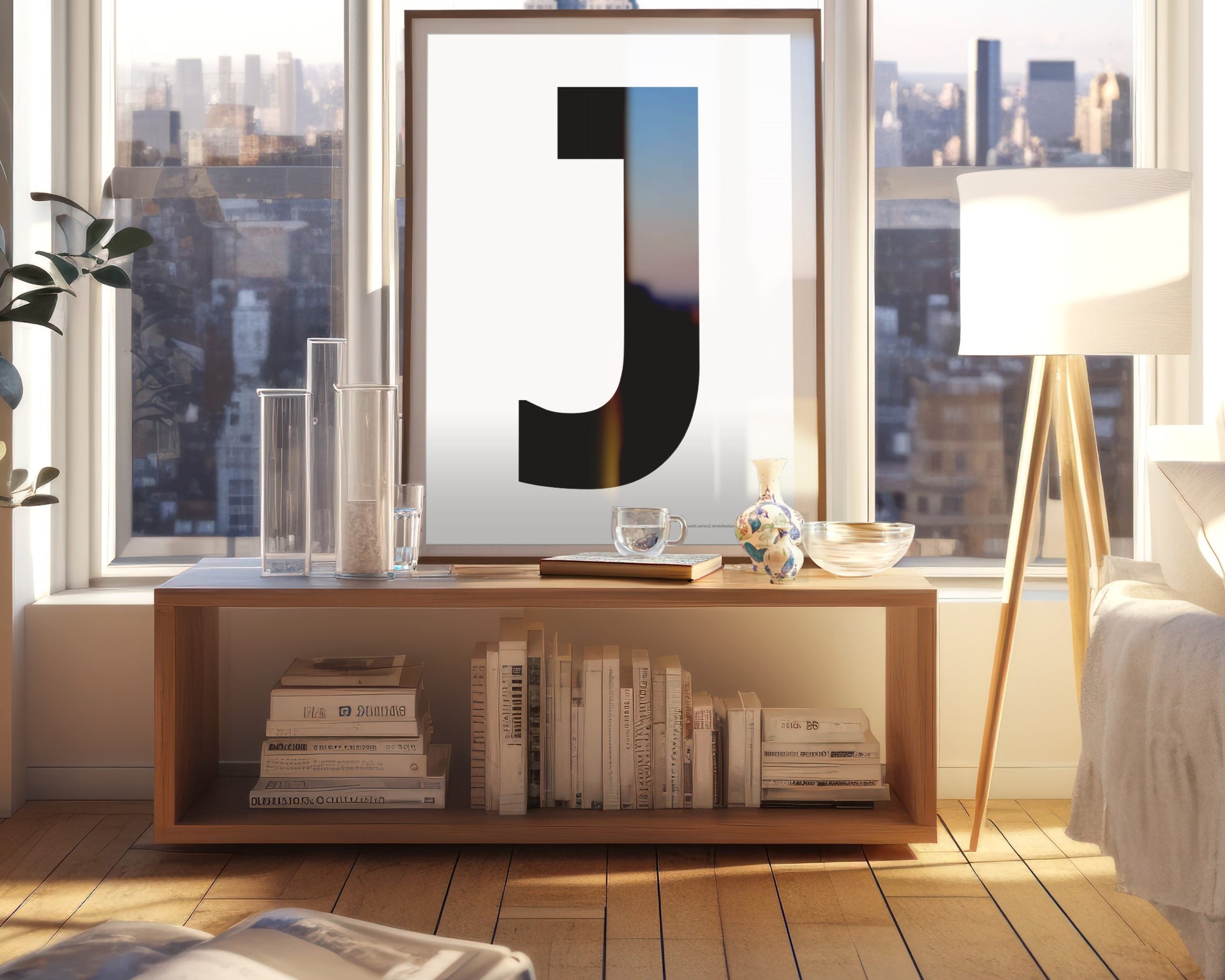 Framed white and black letter art print in living room with a city view.