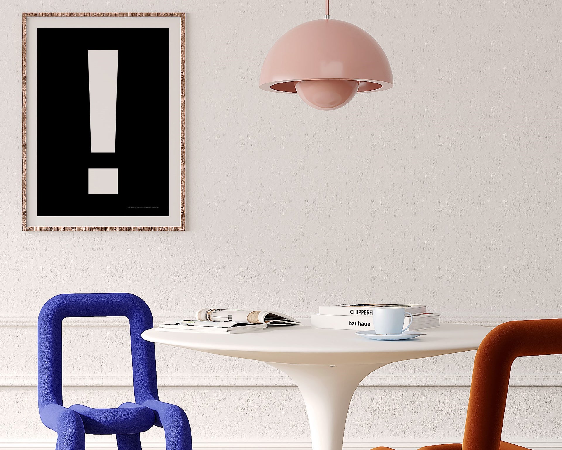 Framed black and white exclamation point hanging on a wall in a modern dining room.
