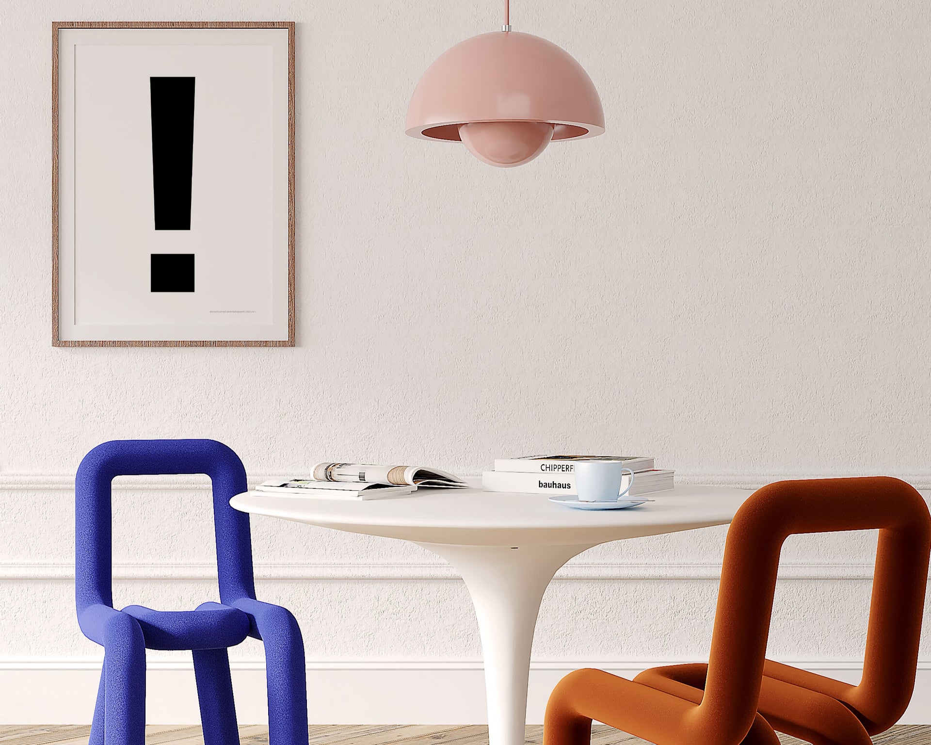 Framed black and white exclamation point hanging on a wall in a modern dining room.