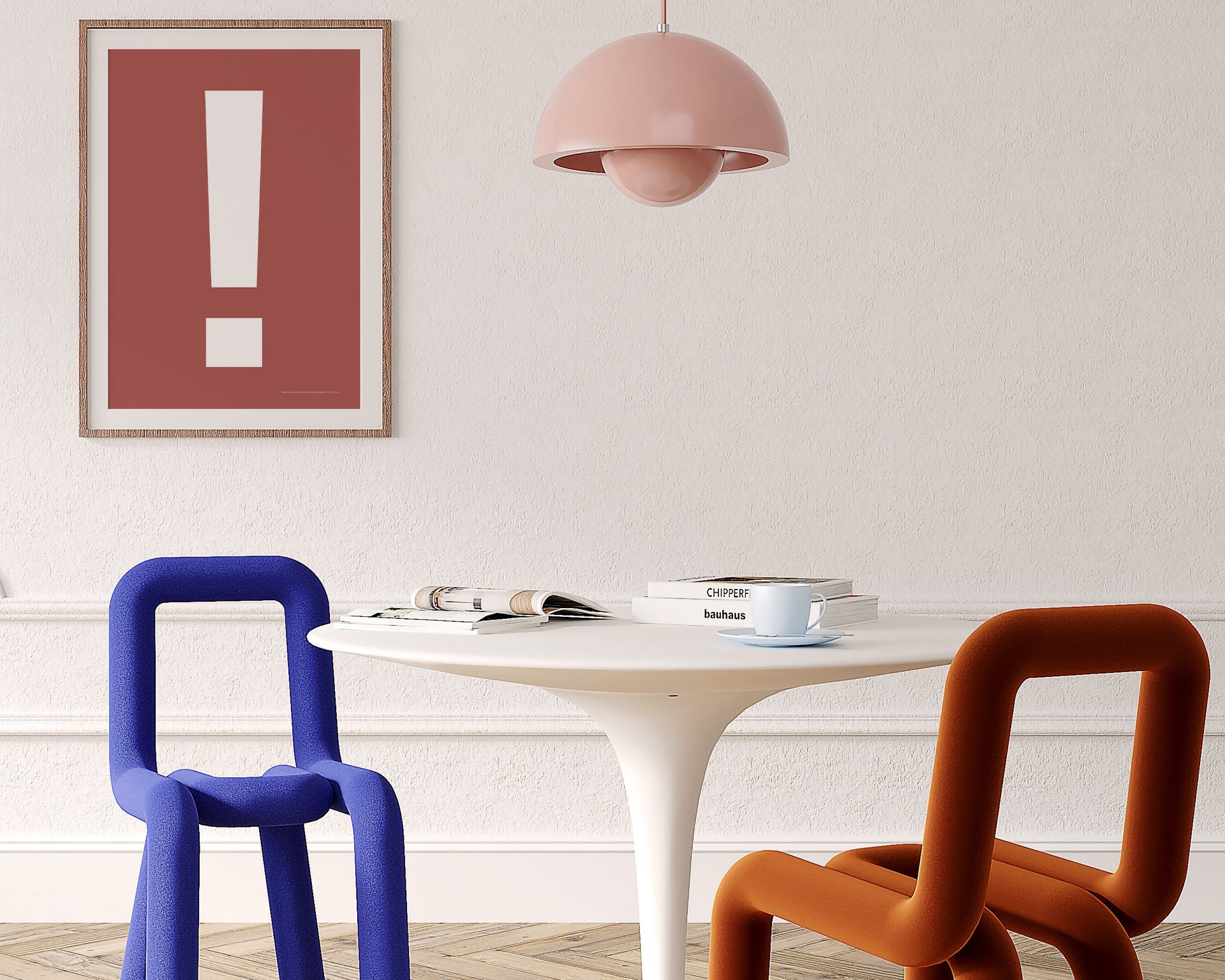 Framed Nantucket red and white exclamation point hanging on a wall in a modern dining room.