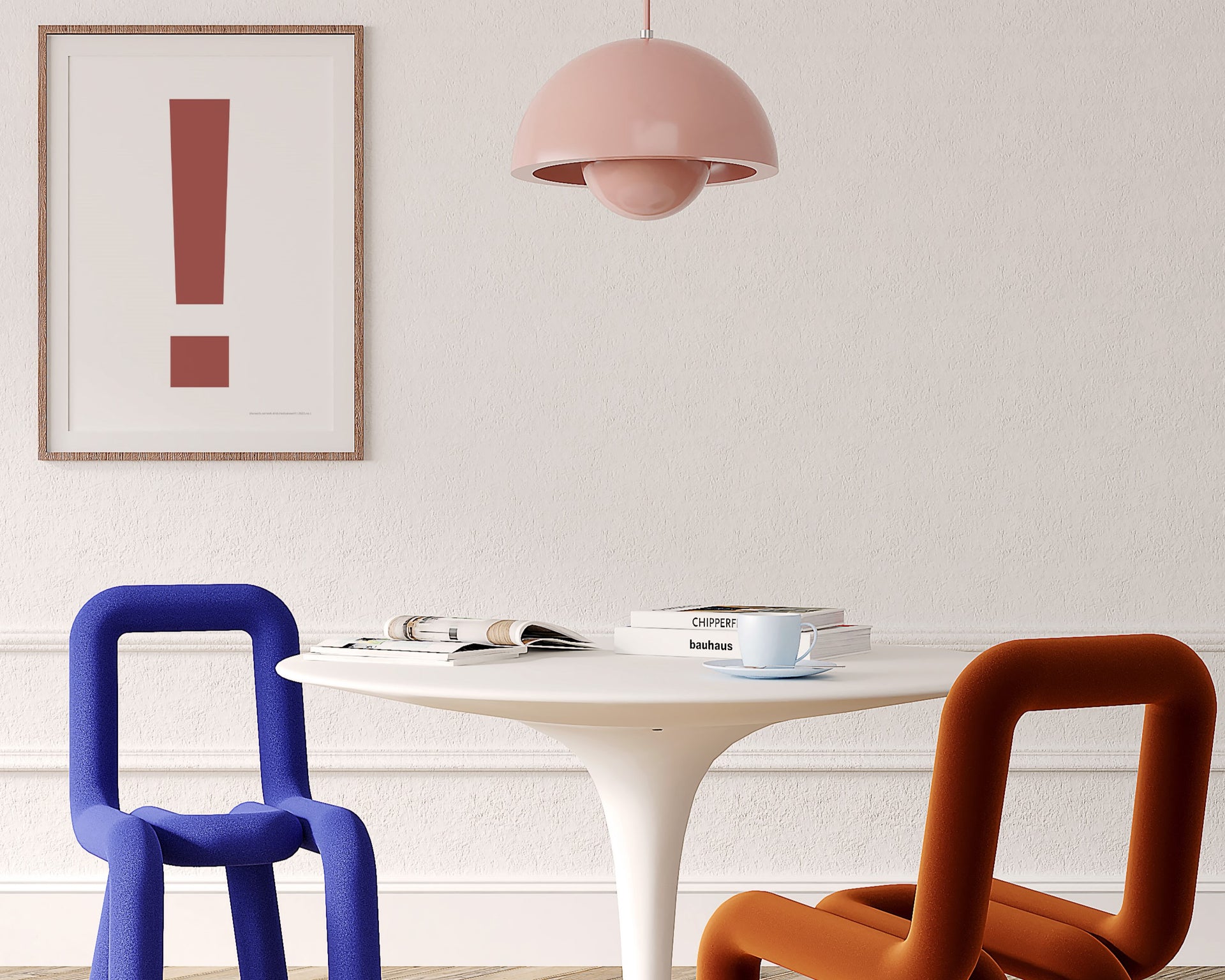 Framed Nantucket red and white exclamation point hanging on a wall in a modern dining room.