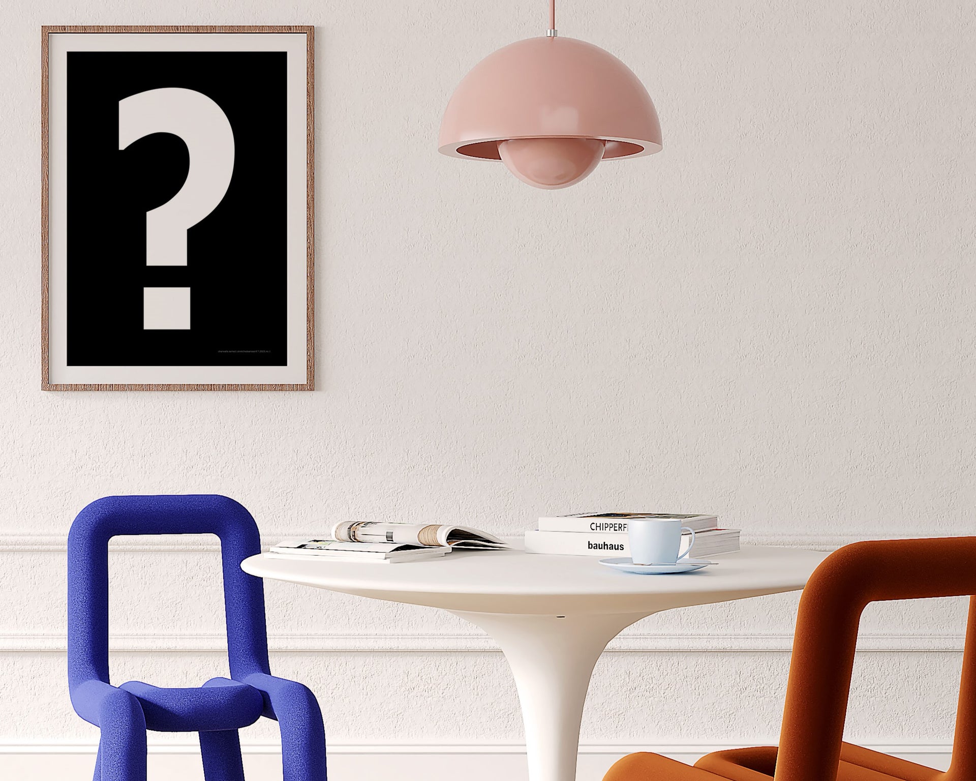 Framed black and white exclamation point haning on a wall in a modern dining room.