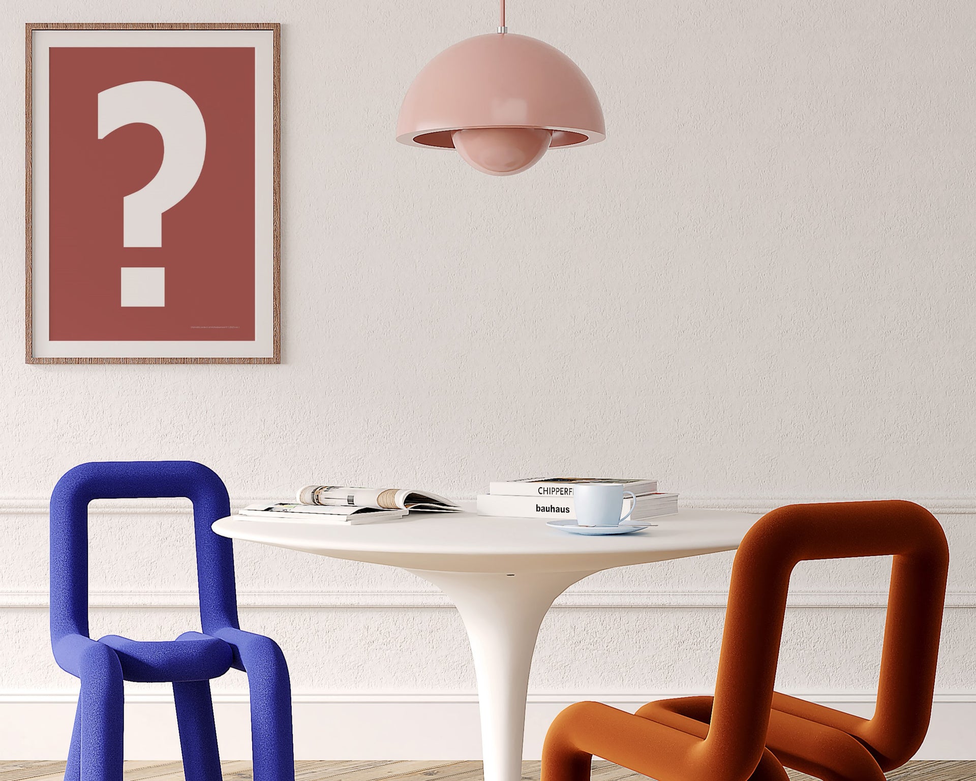 Framed Nantucket red and white exclamation point haning on a wall in a modern dining room.