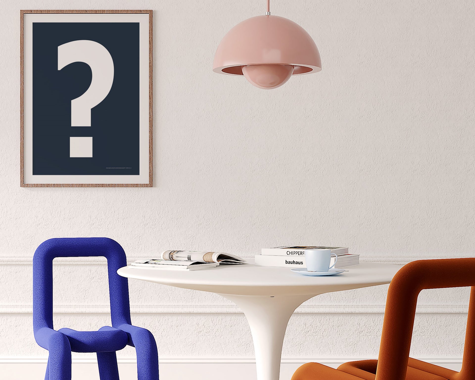 Framed navy blue and white exclamation point haning on a wall in a modern dining room.