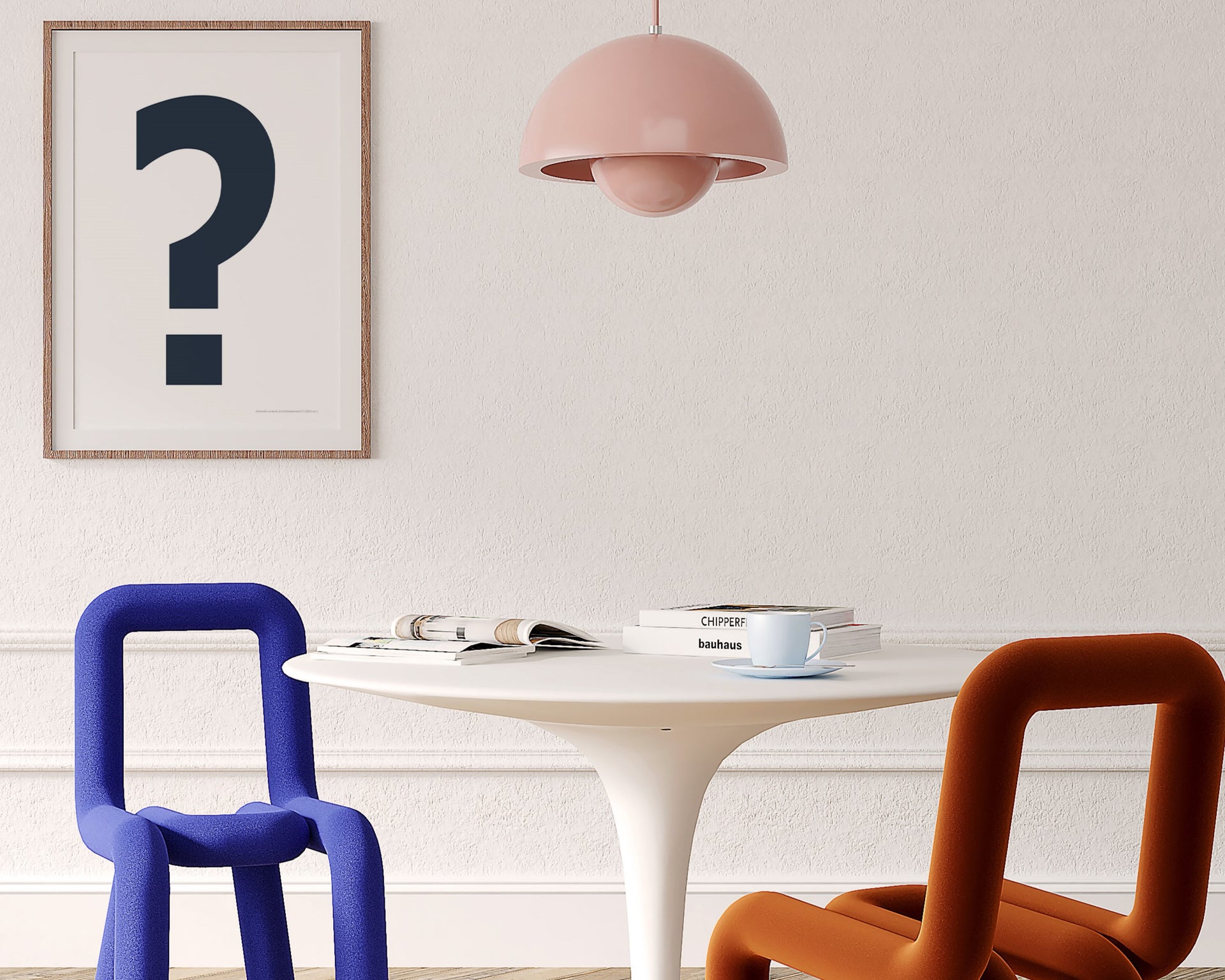 Framed navy blue and white exclamation point haning on a wall in a modern dining room.