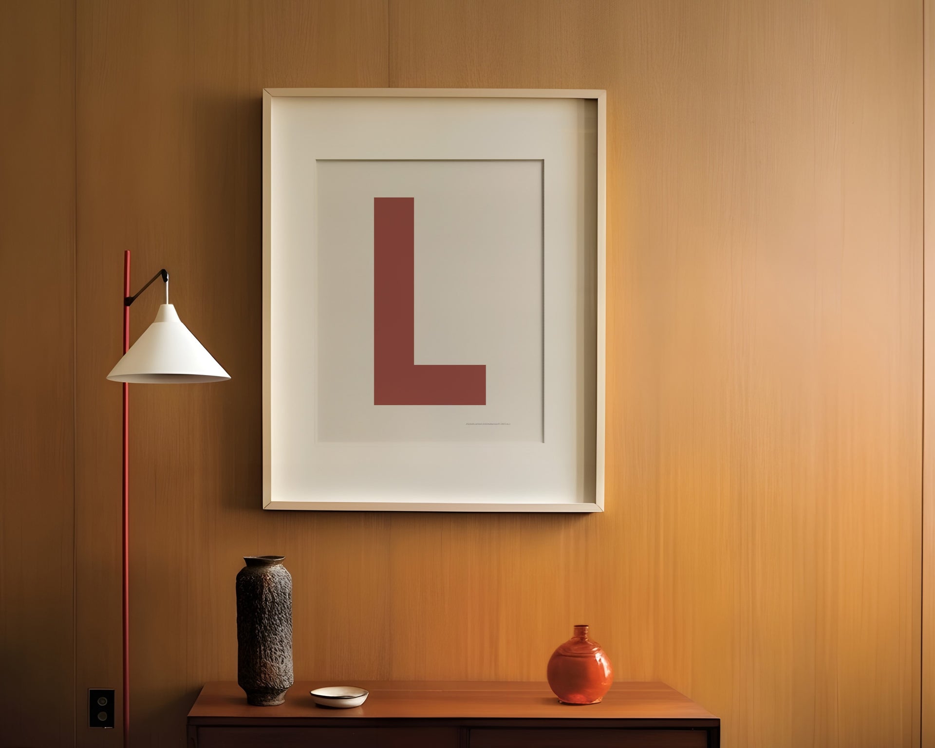 Framed white and Nantucket red letter art print featuring an iniital hanging above a table in a mid century entrway or hallway.