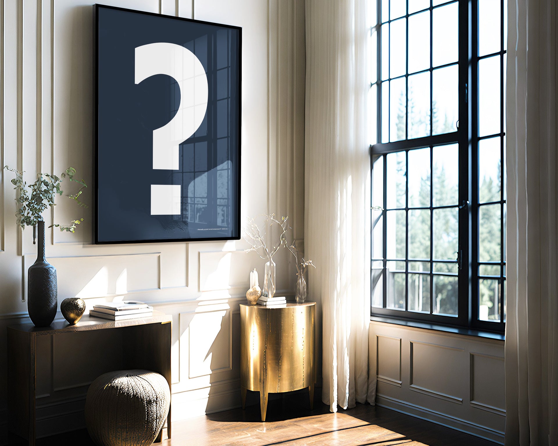 Oversized framed navy blue and white question mark hanging in formal living room.