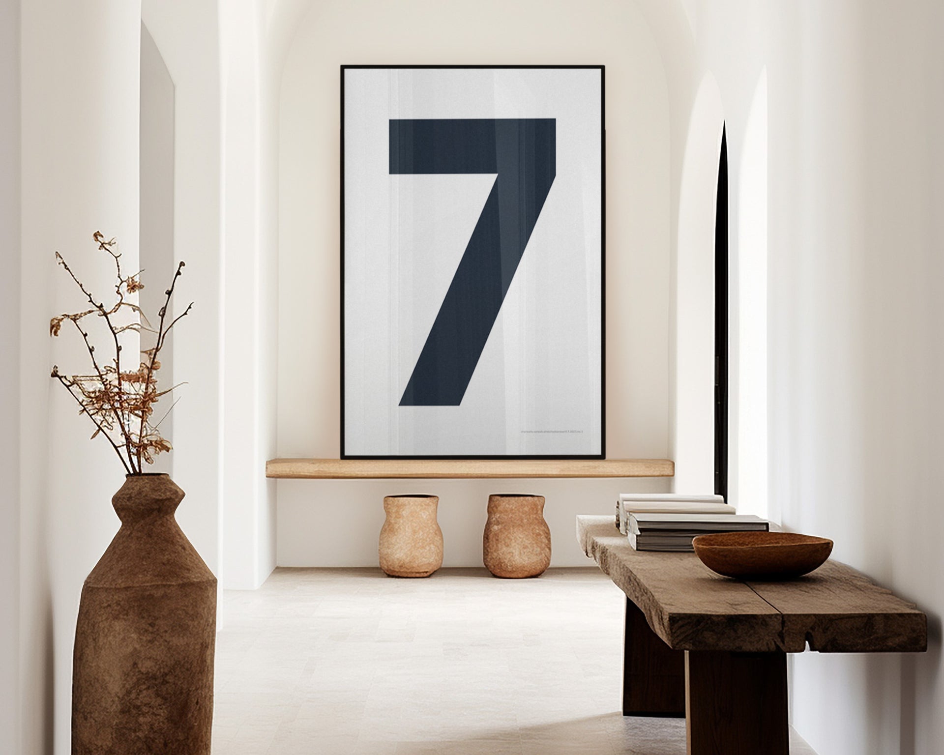Oversized white and navy blue number 7 art print hanging in a large entryway or hallway.