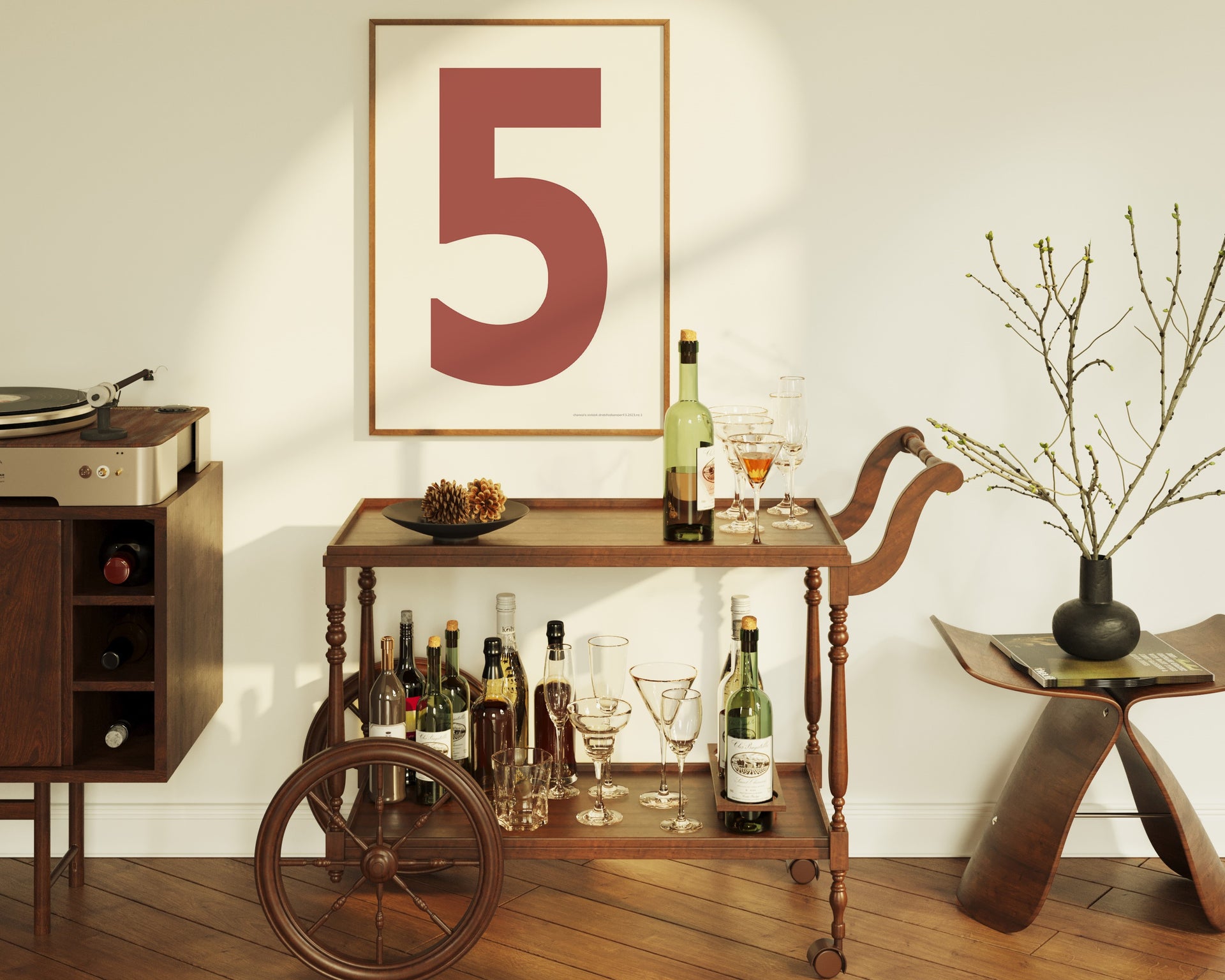 Framed number five art print hanging above a mid century bar cart.