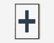 Modern symbol art print with a navy blue plus sign on a white background.
