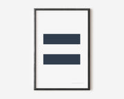 Modern symbol art print with a navy blue equals sign on a white background.