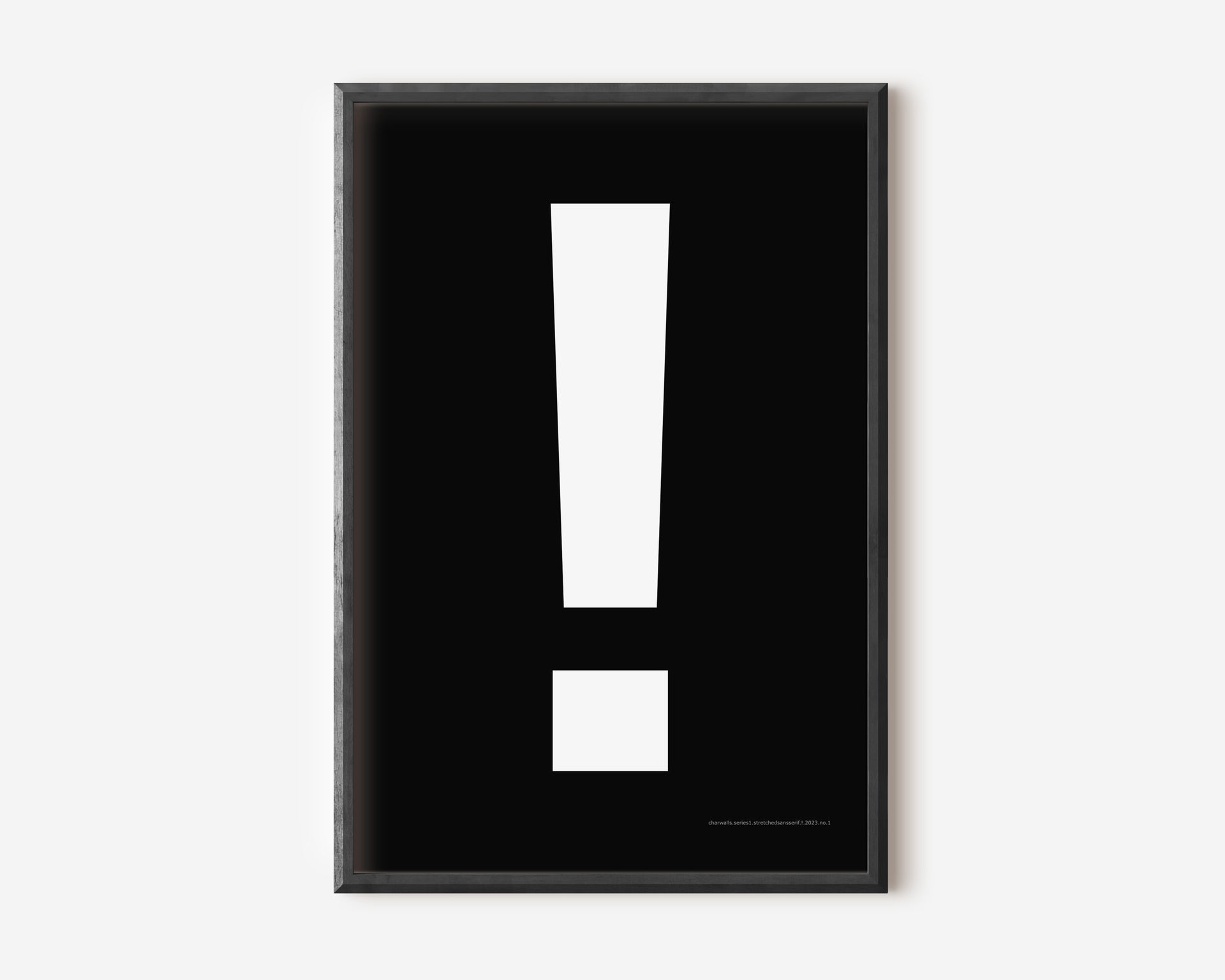 Modern symbol art print with a white exclamation point on a black background.