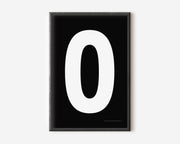 Modern number 0 art print with a white zero on a black background.