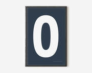 Modern number 0 art print with a white zero on a navy blue background.