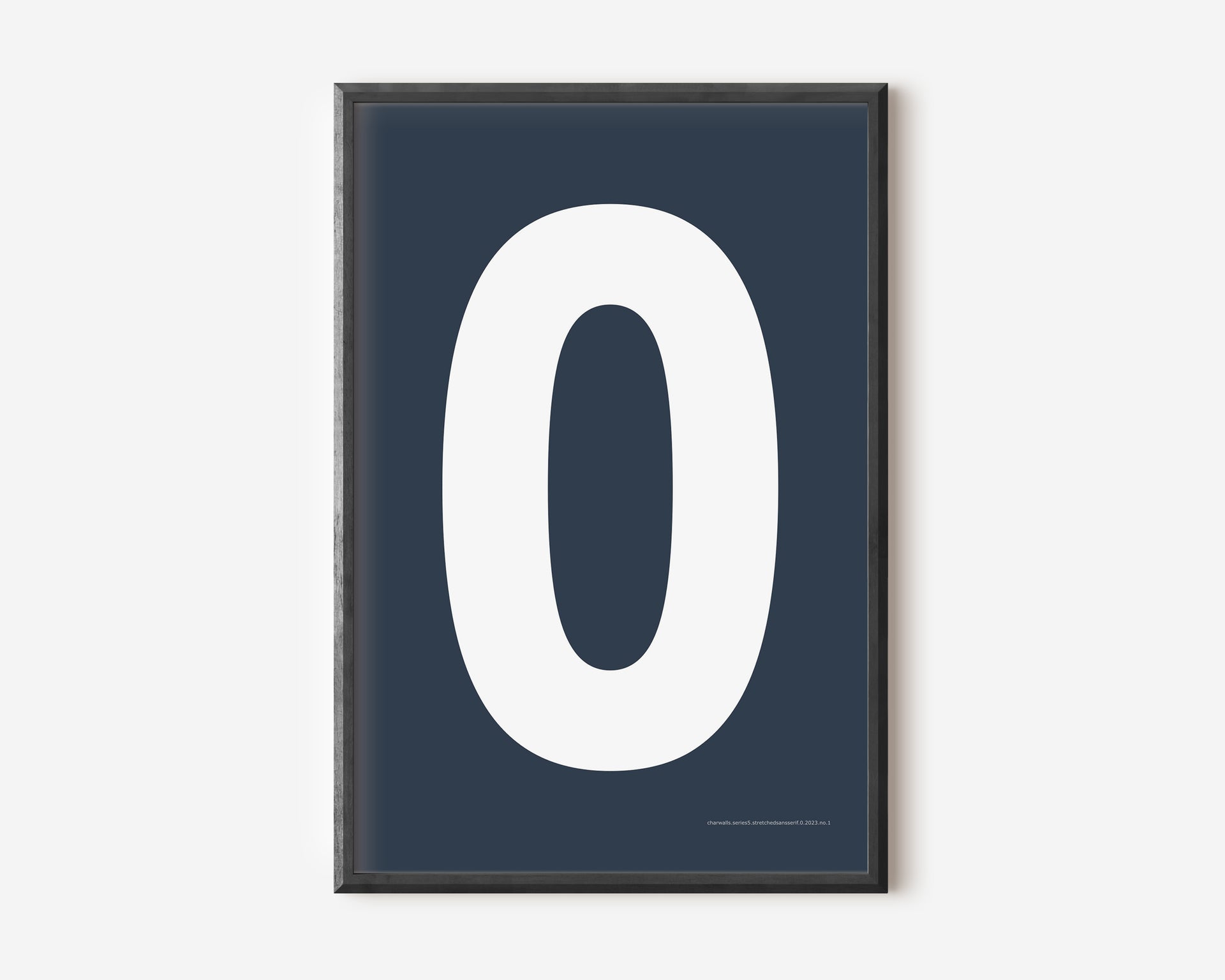 Modern number 0 art print with a white zero on a navy blue background.