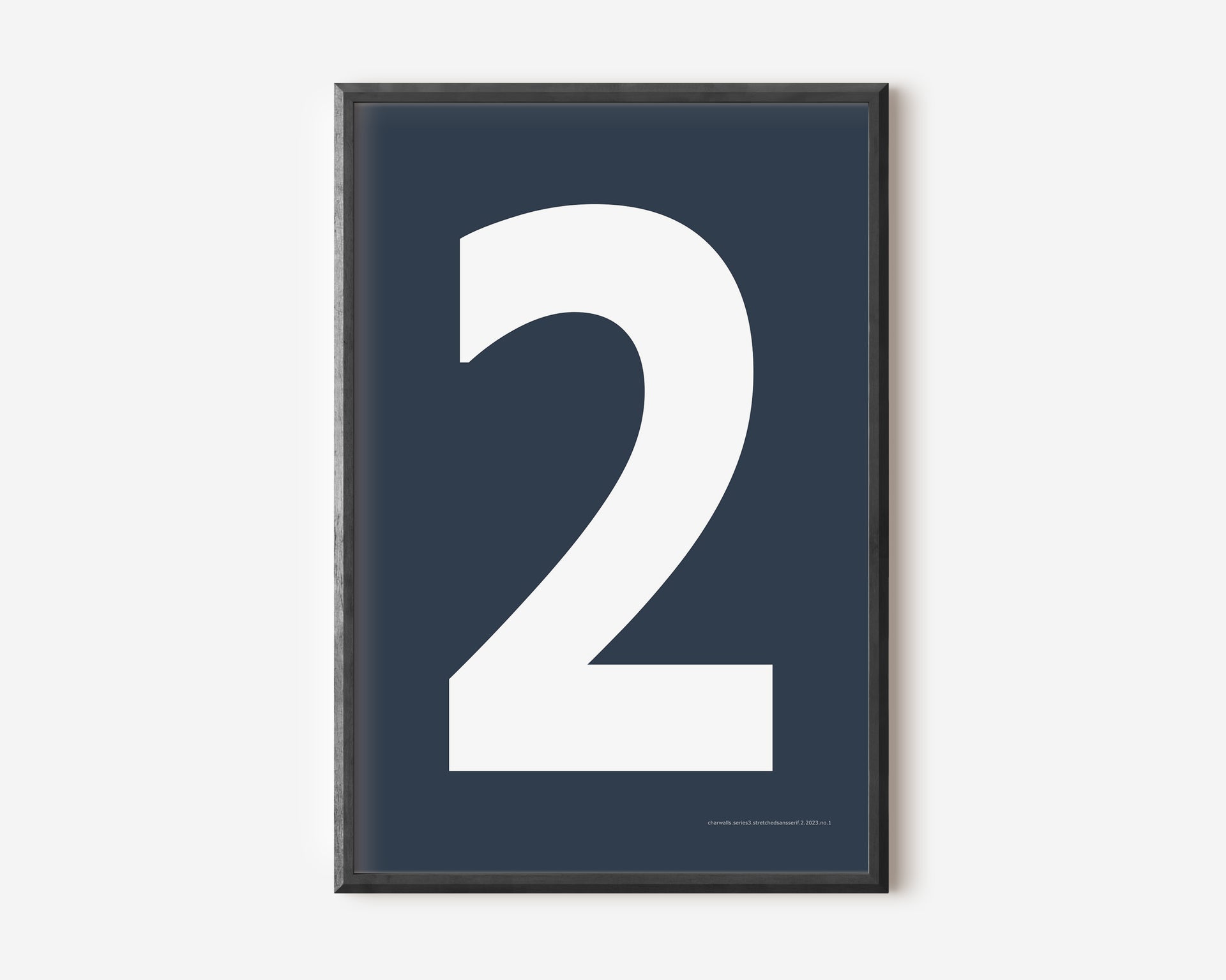 Modern number 2 art print with a white two on a navy blue background.