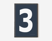 Modern number 3 art print with a white three on a navy blue background.
