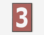 Modern number 3 art print with a white three on a Nantucket red background.