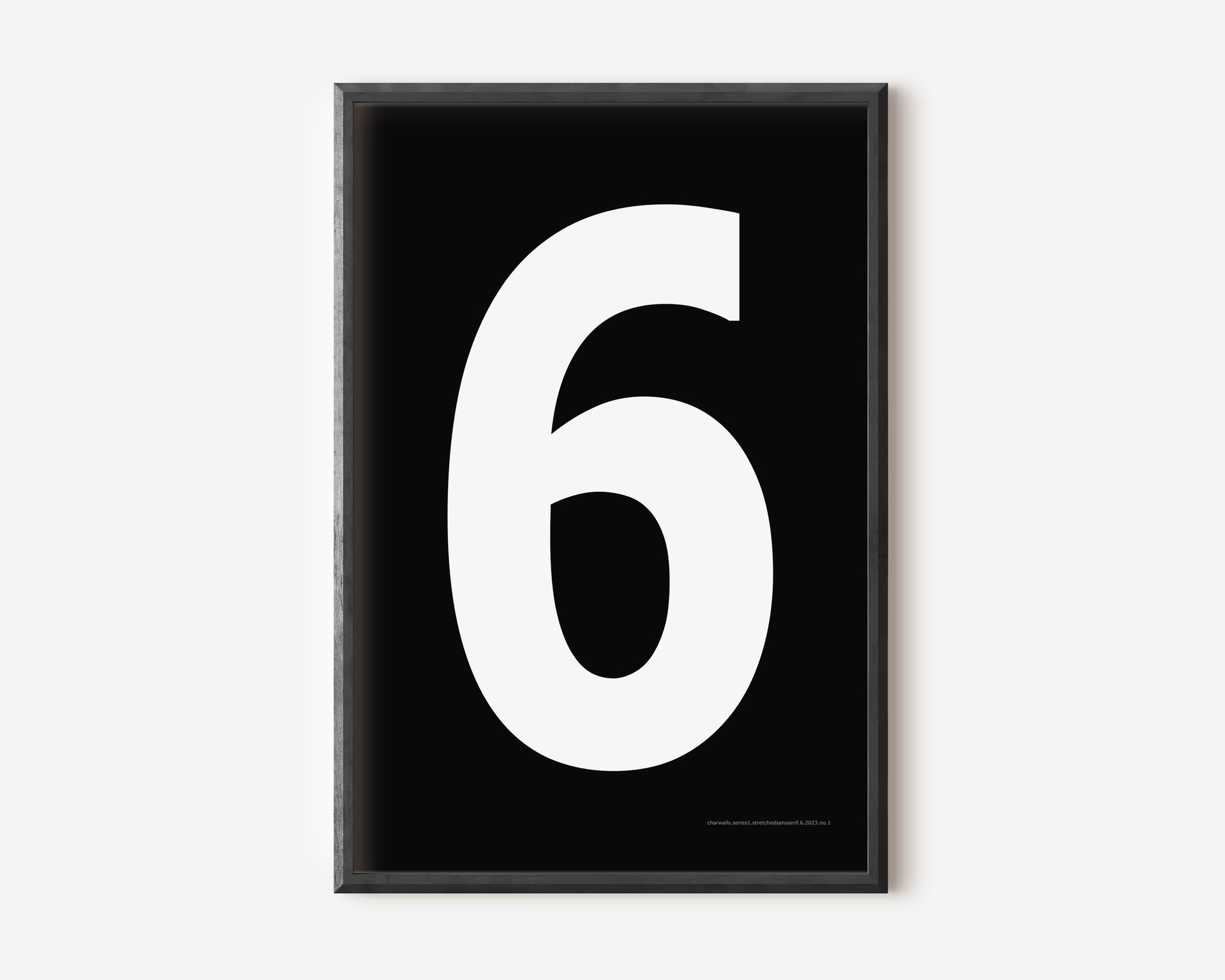 Modern number 6 art print with a white six on a black background.