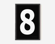Modern number 8 art print with a white eight on a black background.