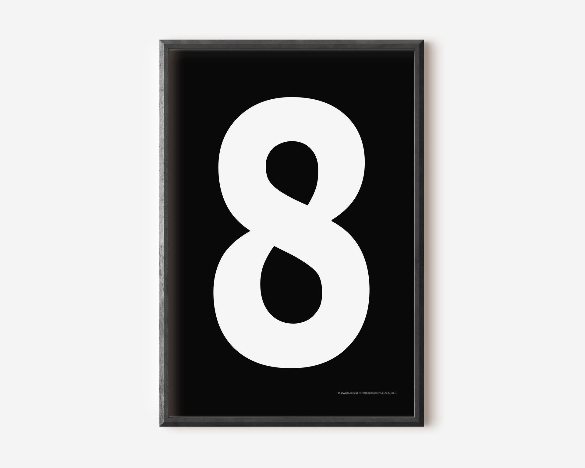 Modern number 8 art print with a white eight on a black background.