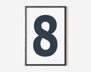 Modern number 8 art print with a navy blue eight on a white background.