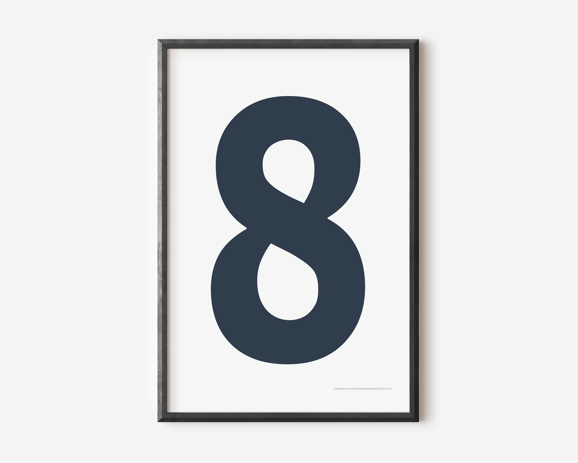 Modern number 8 art print with a navy blue eight on a white background.
