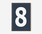 Modern number 8 art print with a white eight on a navy blue background.