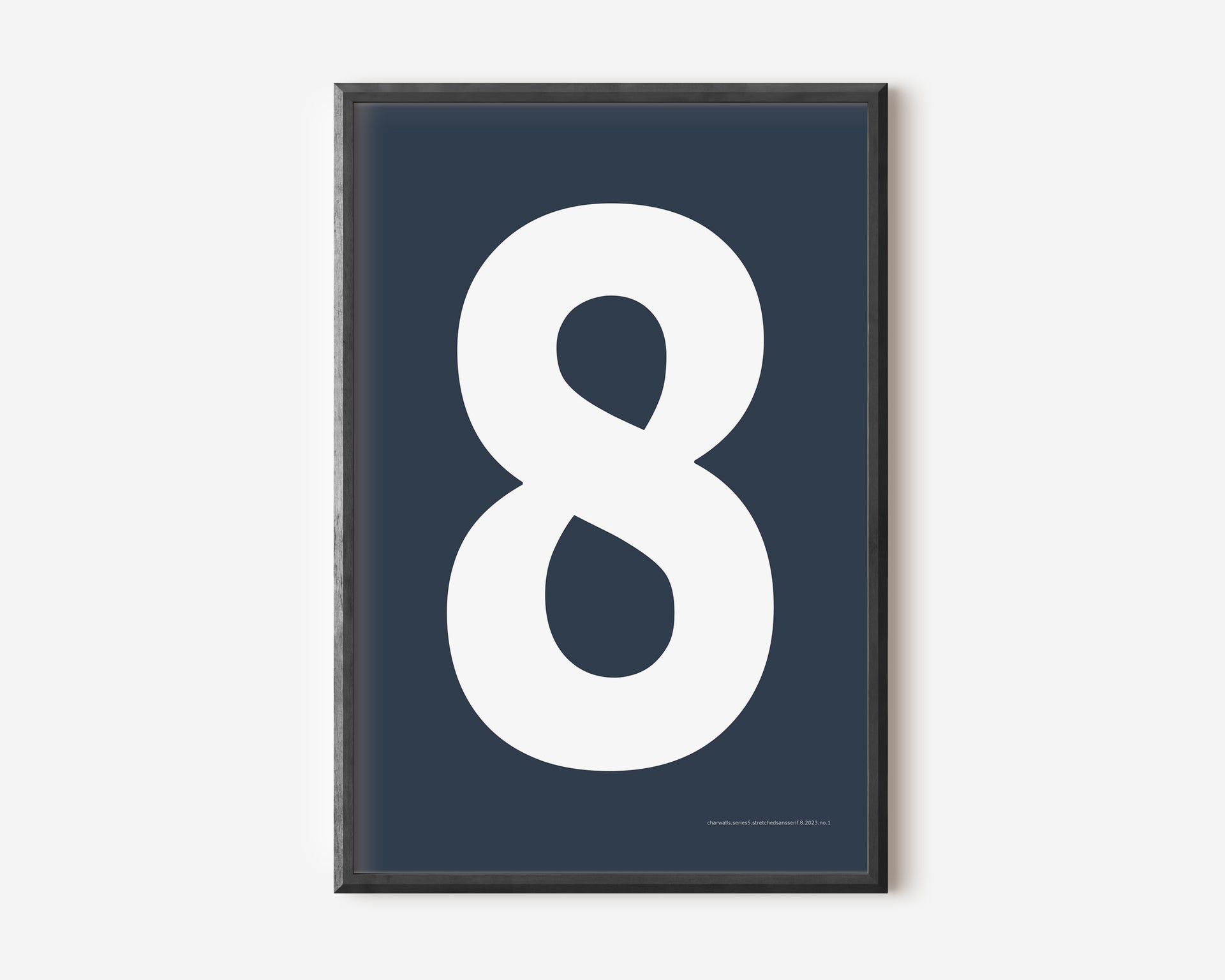 Modern number 8 art print with a white eight on a navy blue background.