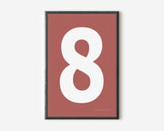 Modern number 8 art print with a white eight on a Nantucket red background.