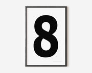 Modern number 8 art print with a black eight on a white background.