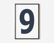 Modern number 9 art print with a navy blue nine on a white background.