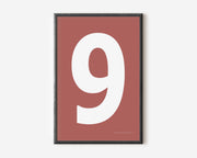 Modern number 9 art print with a white nine on a Nantucket red background.