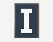 Modern art print with an uppercase white letter I on a navy blue background.