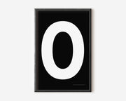 Modern art print with an uppercase white letter O on a black background.