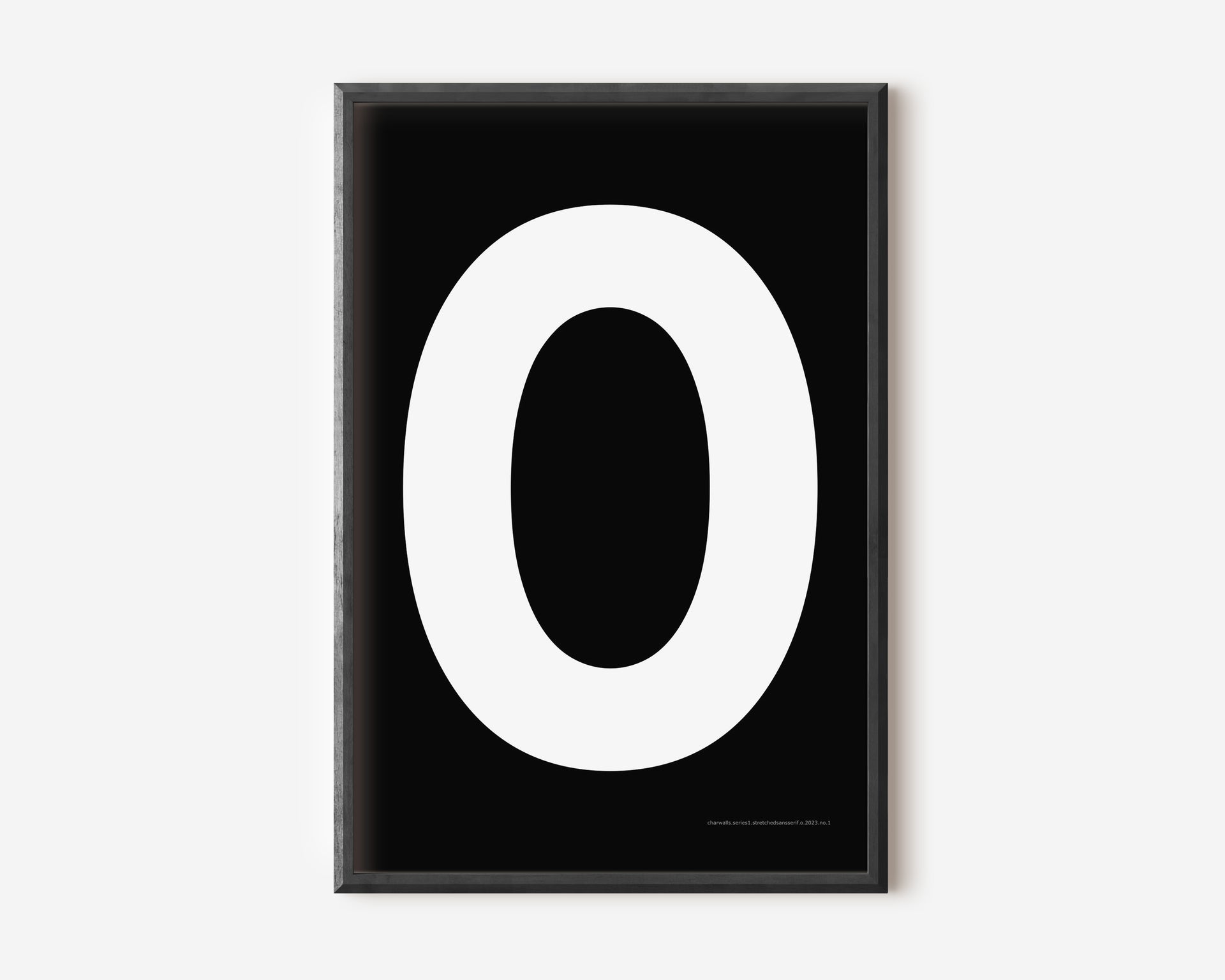 Modern art print with an uppercase white letter O on a black background.