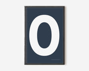 Modern art print with an uppercase white letter O on a navy blue background.