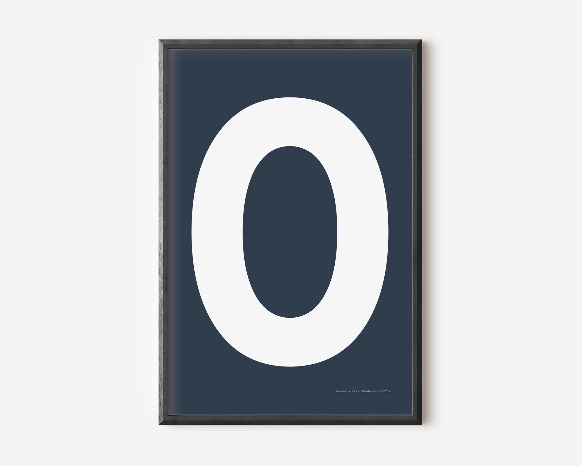 Modern art print with an uppercase white letter O on a navy blue background.