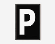 Modern art print with an uppercase white letter P on a black background.