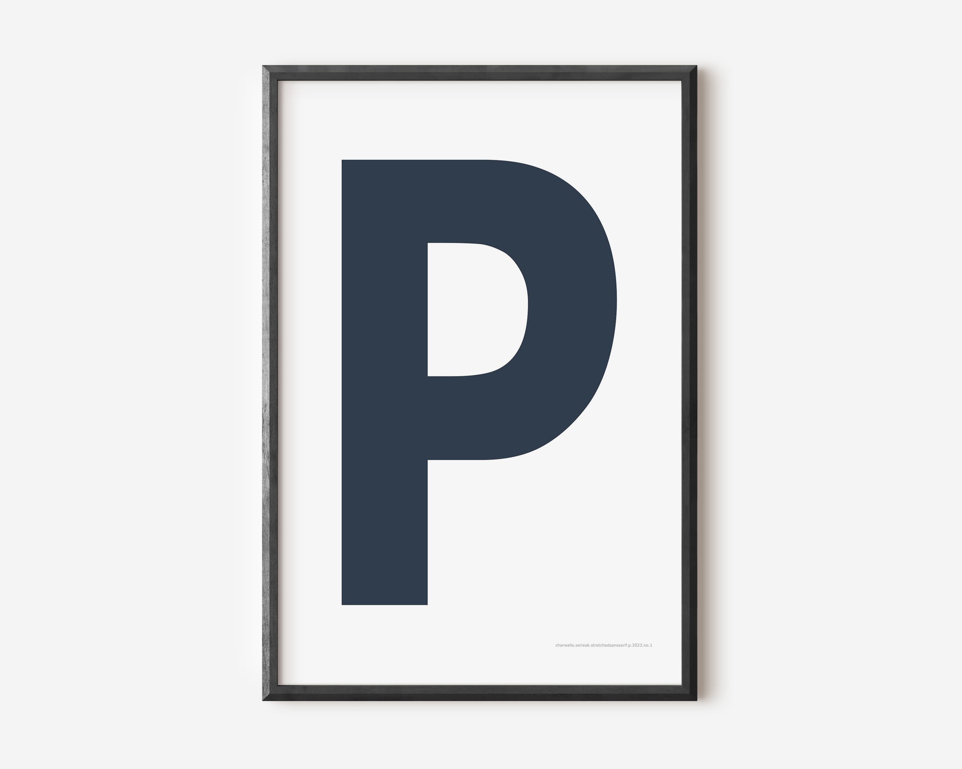 Modern art print with an uppercase navy blue letter P on a white background.