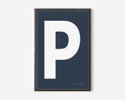 Modern art print with an uppercase white letter P on a navy blue background.