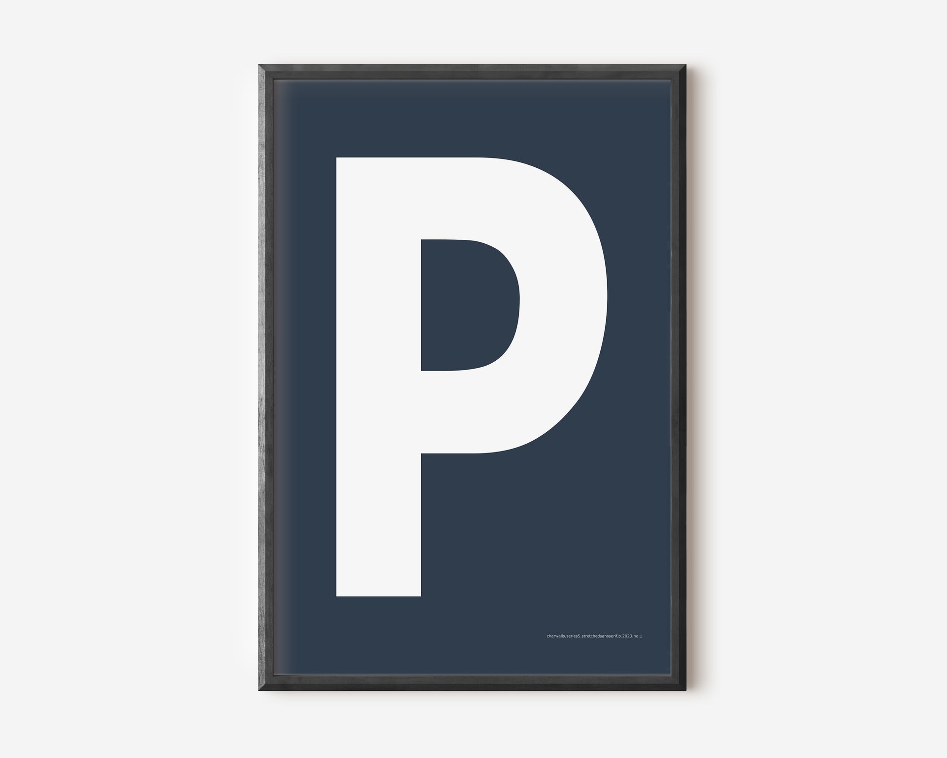 Modern art print with an uppercase white letter P on a navy blue background.