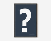 Modern symbol art print with a white question mark on a navy blue background.