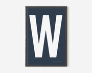 Modern art print with an uppercase white letter W on a navy blue background.