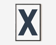 Modern art print with an uppercase navy blue letter X on a white background.
