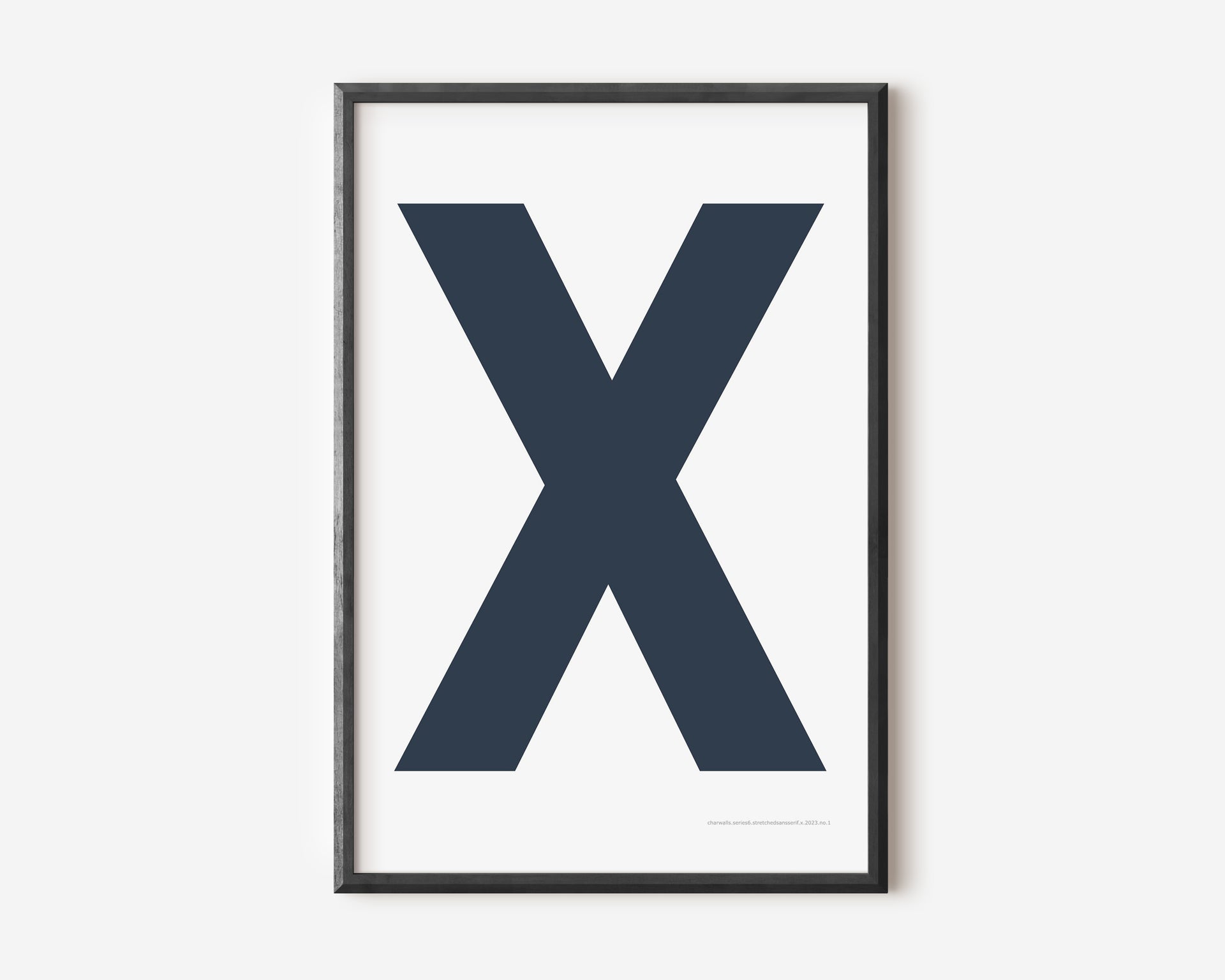 Modern art print with an uppercase navy blue letter X on a white background.