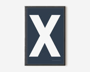 Modern art print with an uppercase white letter X on a navy blue background.
