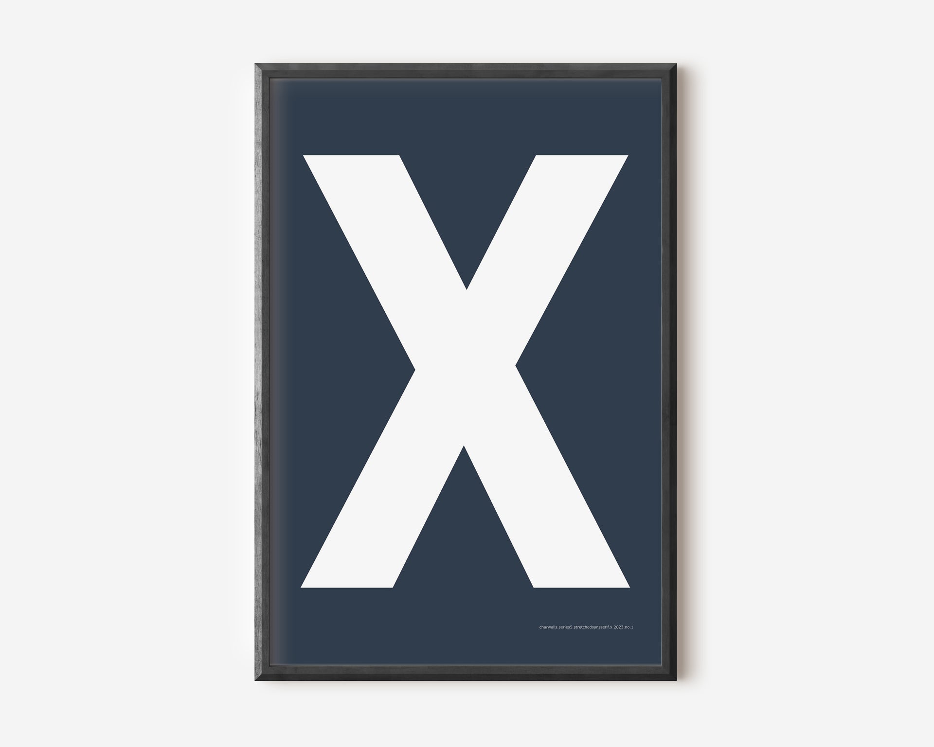 Modern art print with an uppercase white letter X on a navy blue background.